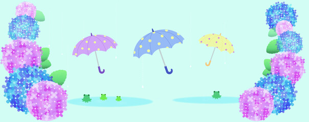梅雨の雨と傘と紫陽花のイラスト