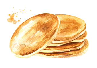 Stack of pancakes. Hand drawn watercolor illustration, isolated on white background
