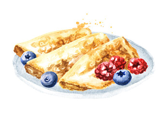 Thin pancakes on a plate with some fresh berries raspberry and blueberry. Hand drawn watercolor illustration isolated on white background
