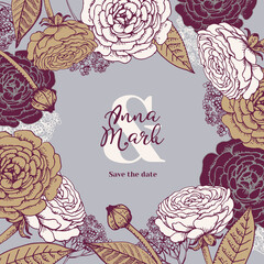 Hand drawn floral wedding invitation card. Sketch vector illustration. Save the date design background