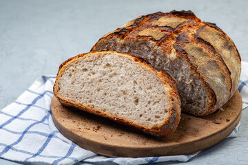 Sliced artisan bread loaf.
