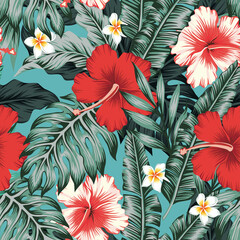 Beautiful red and white exotic tropical flowers Hibiscus, plumeria, frangipani and green palm, banana, fern leaves seamless vector pattern on blue background. Beach summer trendy illustration.