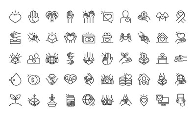donation charity volunteer help social assistance icons collection line style