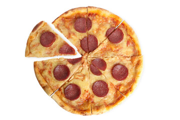Tasty pepperoni pizza isolated on white, top view