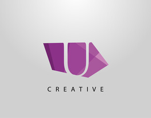 Letter U Abstract Gem Stone Logo. Creative U letter design with polygonal purple color on abstract stone shapes.
