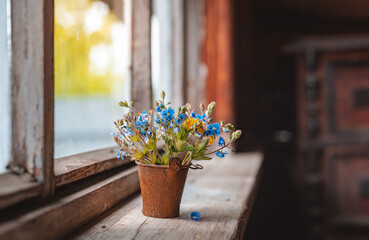 bouquet wild flowers decorative antique bucket rustic wooden table