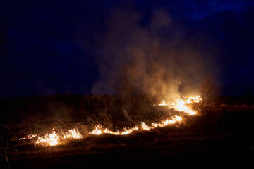Fototapeta na wymiar grass burns at night,arson of dry grass at night on the mountain, fire on the mountain