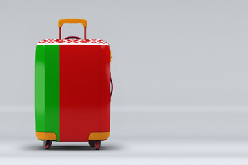 Belarus national flag on a stylish suitcases on color background. Space for text. International travel and tourism concept. 3D rendering.