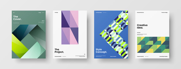 Fototapeta premium Company identity brochure template collection. Business presentation vector A4 vertical orientation front page mock up set. Corporate report cover abstract geometric illustration design layout bundle.