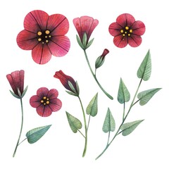 Watercolor petunia flowers set with leaves, plant buds and branches. Illustration is isolated on white background. For flower composition, bouquet, wreath.