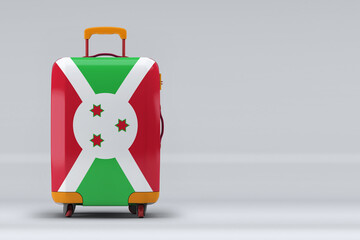 Burundi national flag on a stylish suitcases on color background. Space for text. International travel and tourism concept. 3D rendering.