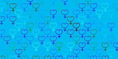 Light Blue, Green vector backdrop with woman's power symbols.