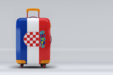 Croatia national flag on a stylish suitcases on color background. Space for text. International travel and tourism concept. 3D rendering. - obrazy, fototapety, plakaty