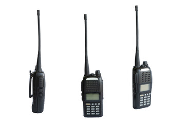 black Radio transceiver or walkie talkie that is a portable device is used for communication in most of military, police, and security.isolated on white background. clipping path - obrazy, fototapety, plakaty