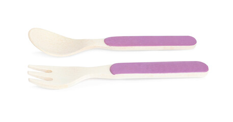Small fork and spoon isolated on white. Serving baby food