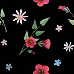 Fototapeta na wymiar Seamless pattern with spring flowers and leaves. Dark background. floral pattern for wallpaper or fabric. Flowers petunia, chamomile, forget-me-not. 