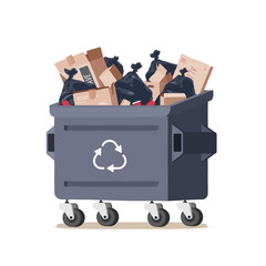 House trash bin. Cardboard box. Heap of rubbish. Garbage bag. Container.