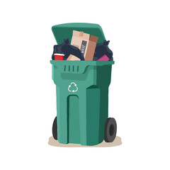 House trash bin. Cardboard box. Heap of rubbish. Garbage bag. Container.