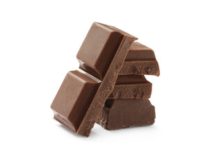 Pieces of delicious milk chocolate isolated on white