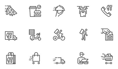 Food Delivery Vector Line Icons. Contactless Delivery, Courier, Grocery Bag. Editable Stroke. 48x48 Pixel Perfect.