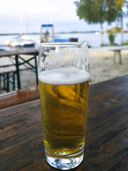 Stuffed beer glass on a wooden table