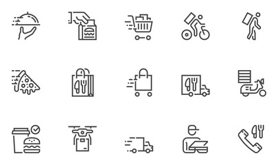 Food Delivery Vector Line Icons. Contactless Delivery, Courier, Grocery Bag. Editable Stroke. 48x48 Pixel Perfect.