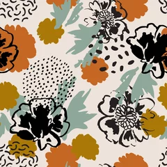 Fototapeten Minimal floral background. Abstract poppy flowers, leaves silhouettes, doodles seamless pattern. © Tanya Syrytsyna