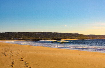 Panoramic landscape coastline of Atlantic ocean. View Nazare beach riviera