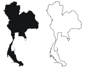 Thailand Country Map. Black silhouette and outline isolated on white background. EPS Vector