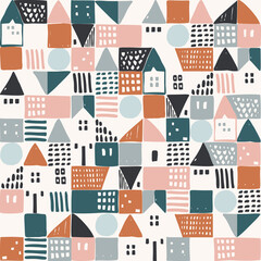 Geometric houses and hand drawn textured shapes seamless pattern. Abstract home background in childish style.