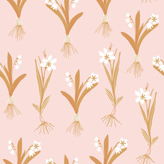 Botanical floral seamless pattern. Blooming spring flowers with bulbs in a row