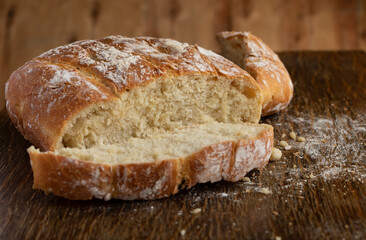 Sliced bread. Delicious, beautiful homemade bread. Bread on the table. Bread for the background.