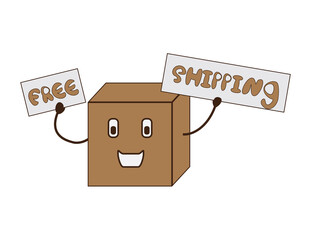 Brown cartoon box holding FREE SHIPPING sign