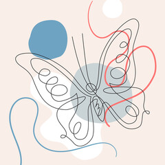 Simple butterfly one line drawing on minimal cubism shapes background