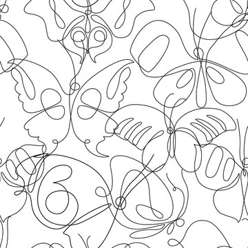 Butterfly line art seamless pattern. Flying butterflies on simple background