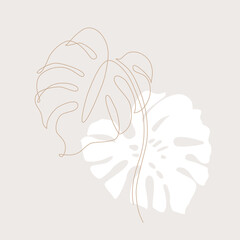 Minimal tropical art. Tropical monstera leaves silhouette and line art on pastel beige background