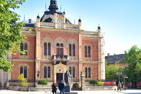 Facade of old historic building in the pedestrian center of tourist city Novi Sad, Serbia