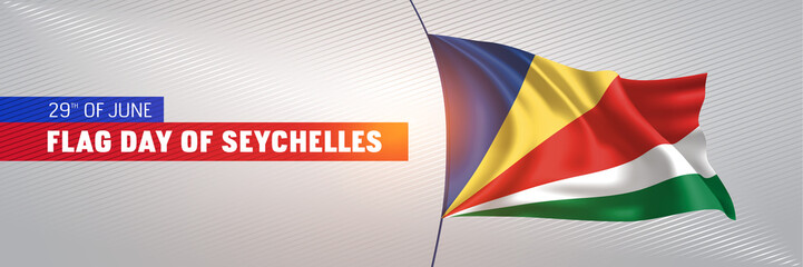 Seychelles happy flag day greeting card, banner vector illustration