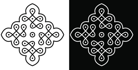 Indian Traditional and Cultural Rangoli or kolam design concept of curved lines and dots isolated on black and white background