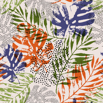 Art illustration: rough grunge tropical palm, monstera leaf, grunge, doodles texture