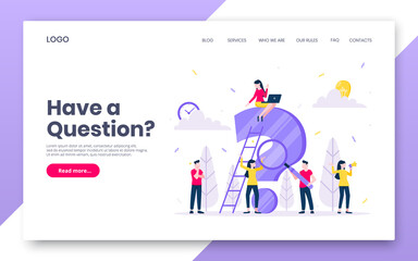 FAQ or Q and A internet landing page concept web template. Teamwork characters working together with faq big question mark, frequently asked questions concept flat style design vector illustration.