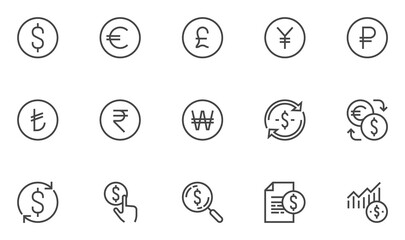 Currency Vector Line Icons. Dollar, Euro, Pound Sterling, Russian Ruble, Yen, Korean Won, Indian Rupee, Turkish Lira. Money Signs, Currency Exchange. Editable Stroke. 48x48 Pixel Perfect.
