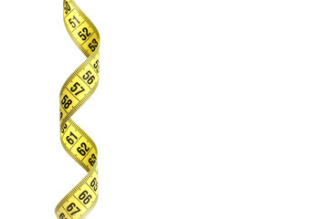 Yellow measuring tape twisted, isolated on a white background