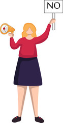 Vector illustration of a young woman holding a megaphone and a poster with the text "No". The concept of protest, protection of women's rights, revolution, speech, the right to vote, freedom and