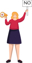 Vector illustration of a young woman holding a megaphone and a poster with the text 