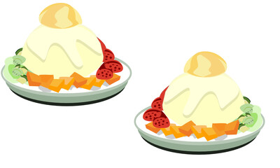 Ice cream, strawberry and mango ice cream, whipped cream and coffee and blueberry juice Vector illustration Summer dessert