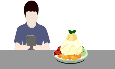 People taking pictures with mango ice cream and fruit topping