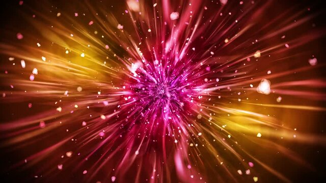 Luxury shine lights with blinking particles. Glitter vintage loop animation. Circular. Hexagonal. Linear. Screen decorations concept. Red and yellow.