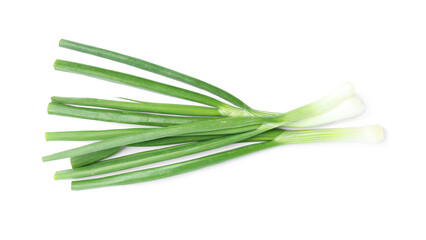 Fresh green spring onions isolated on white, top view