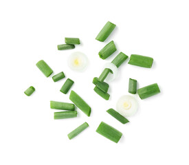 Cut green spring onion isolated on white, top view